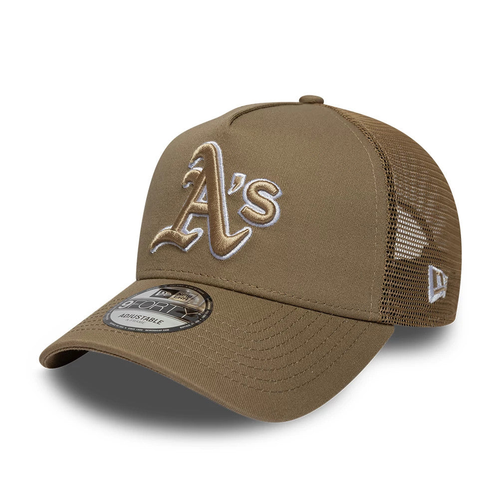 Pictured is this MLB Patch Athletics 9FORTY A-Frame Trucker cap in dark green. 3