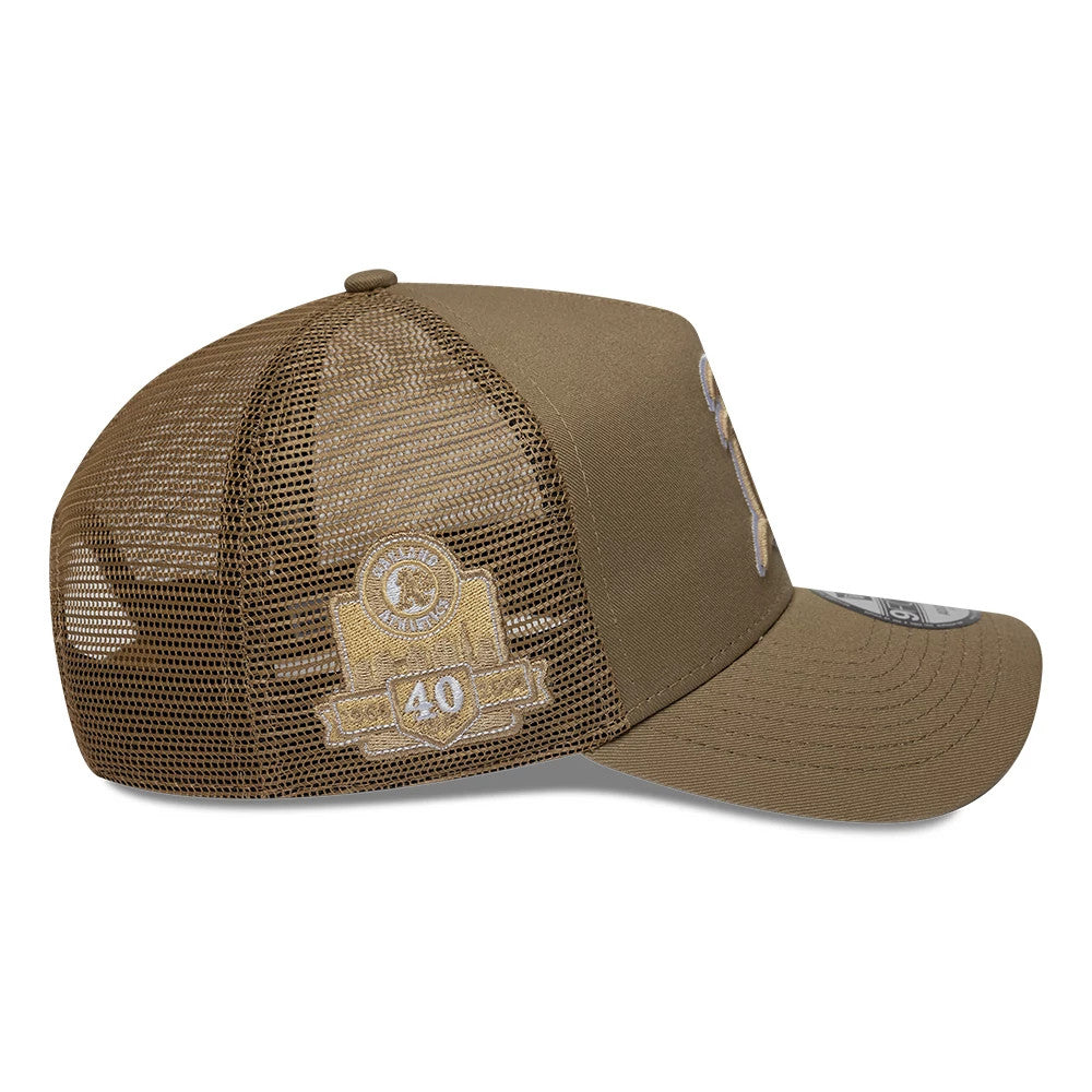 Pictured is this MLB Patch Athletics 9FORTY A-Frame Trucker cap in dark green. 4