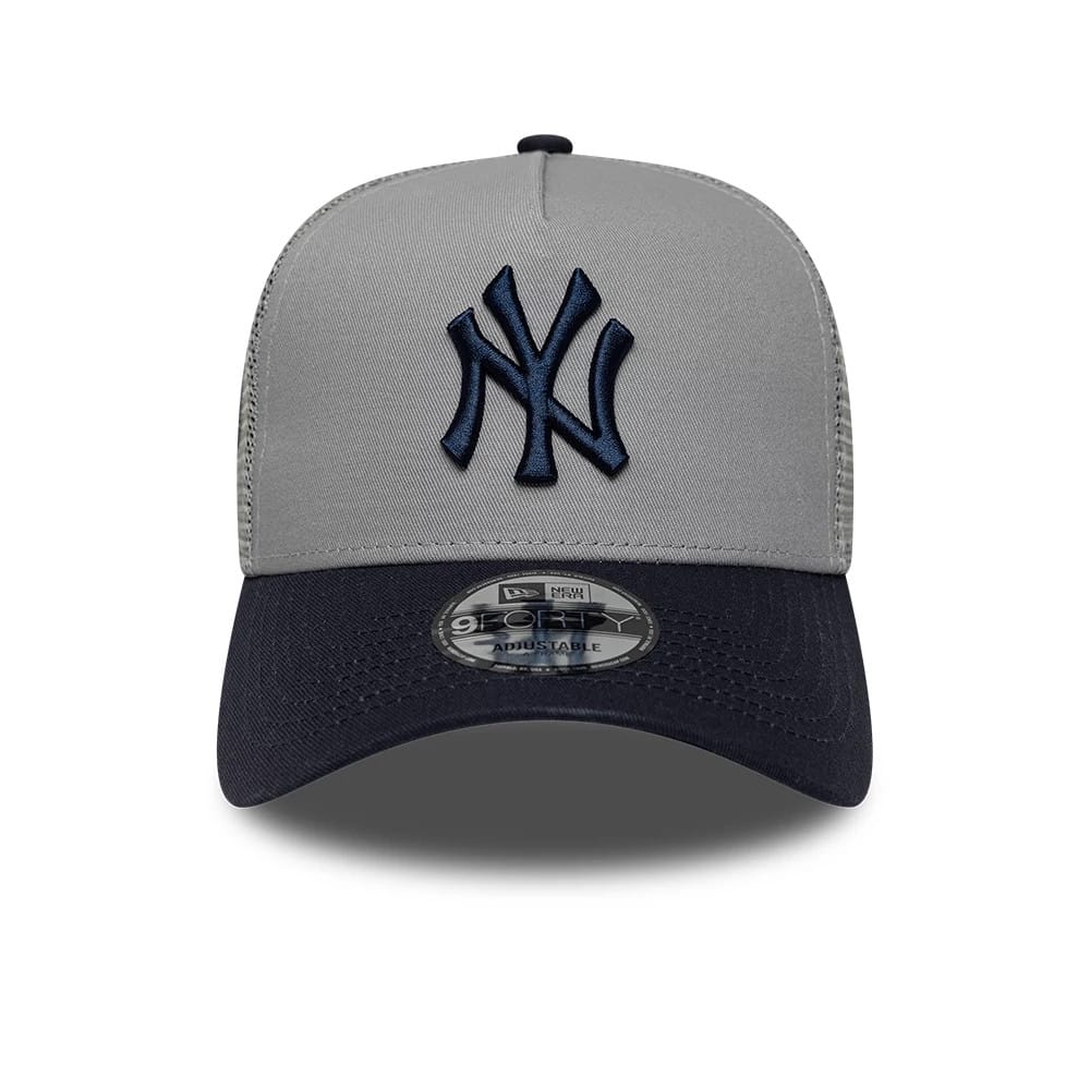 Pictured is this MLB Patch New York Yankees 9FORTY A-Frame Trucker cap in grey. 2