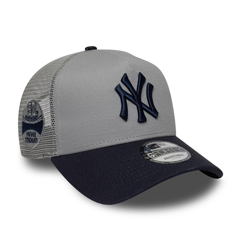 Pictured is this MLB Patch New York Yankees 9FORTY A-Frame Trucker cap in grey. 1