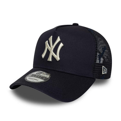 Pictured is this MLB Mesh New York Yankees 9FORTY A-Frame Trucker cap in navy. 1