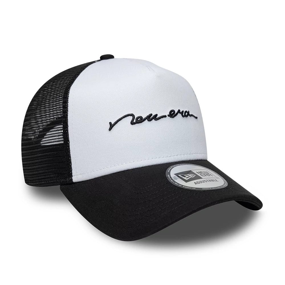 Pictured is this New Era Handwritten 9FORTY A-Frame Trucker cap in white & black. 3
