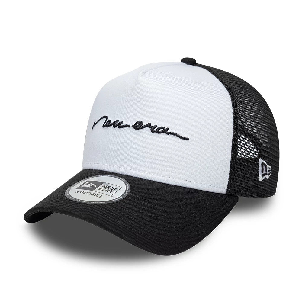 Pictured is this New Era Handwritten 9FORTY A-Frame Trucker cap in white. 1
