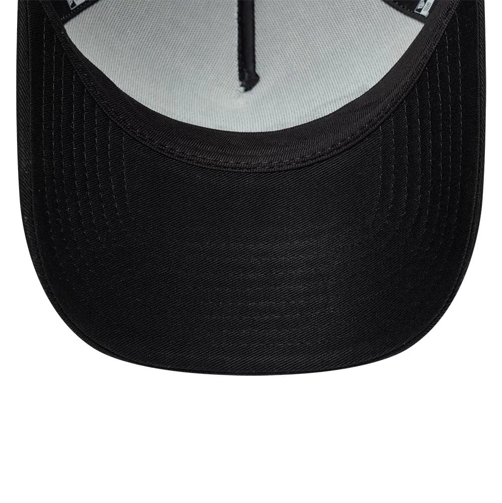 Pictured is this New Era Handwritten 9FORTY A-Frame Trucker cap in white & black. 7