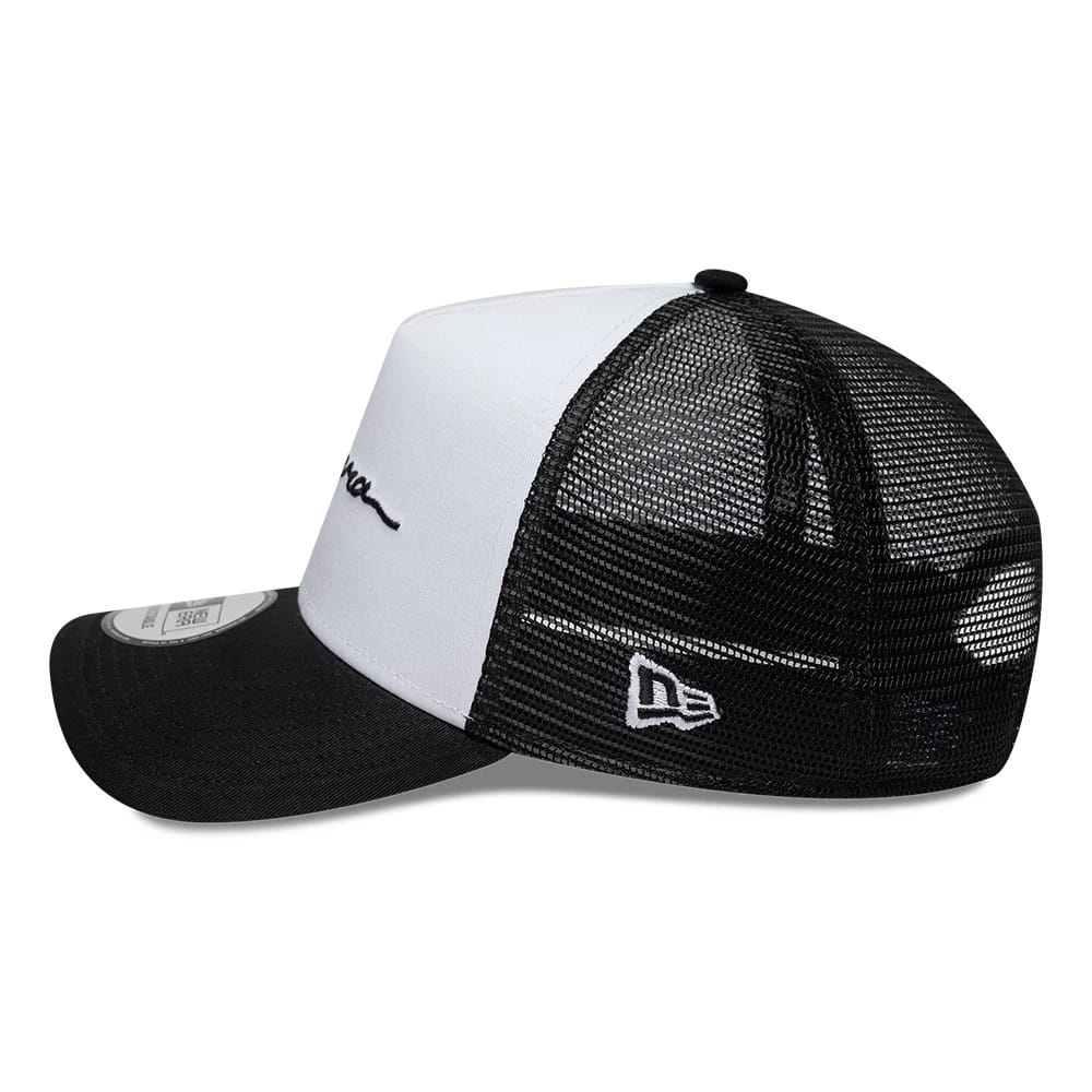 Pictured is this New Era Handwritten 9FORTY A-Frame Trucker cap in white & black. 4