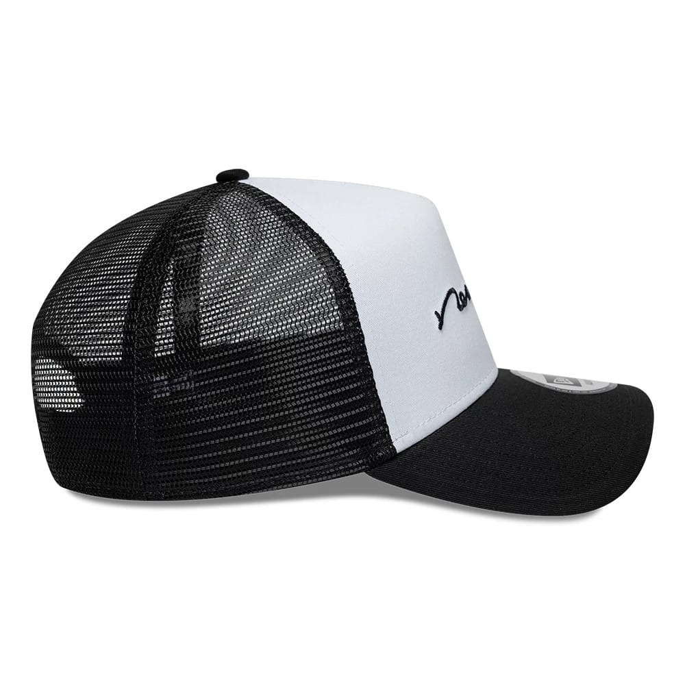 Pictured is this New Era Handwritten 9FORTY A-Frame Trucker cap in white. 5