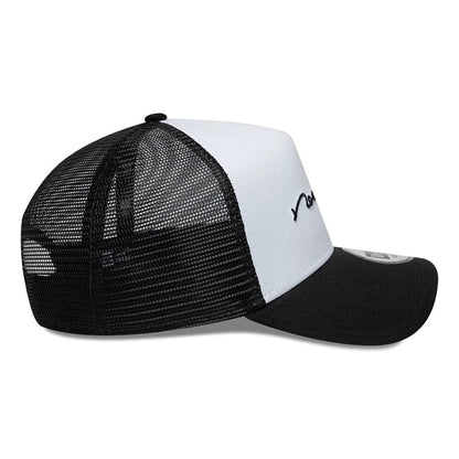 Pictured is this New Era Handwritten 9FORTY A-Frame Trucker cap in white & black. 5