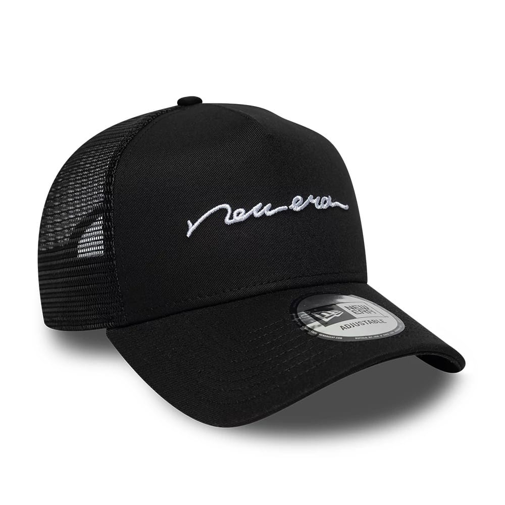 Pictured is this New Era Handwritten 9FORTY A-Frame Trucker cap in black. 3