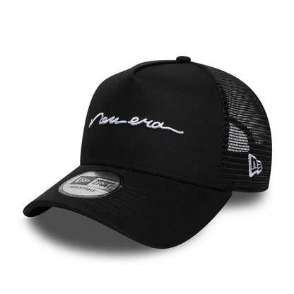 Pictured is this New Era Handwritten 9FORTY A-Frame Trucker cap in black. 1
