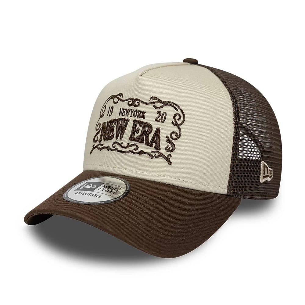 Pictured is this New Era Frame Logo 9FORTY A-Frame Trucker cap in Dark Brown. 1