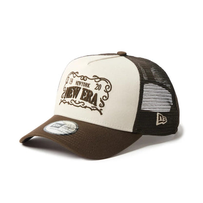 Pictured is this New Era Frame Logo 9FORTY A-Frame Trucker cap in Dark Brown. 1