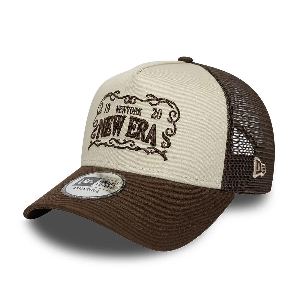 Pictured is this New Era Frame Logo 9FORTY A-Frame Trucker cap in Dark Brown. 1