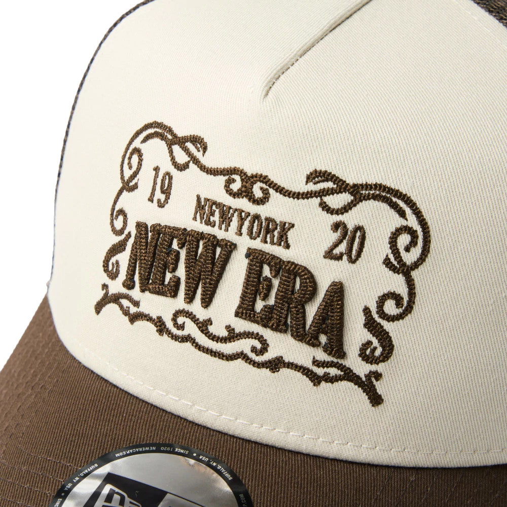 Pictured is this New Era Frame Logo 9FORTY A-Frame Trucker cap in Dark Brown. 4