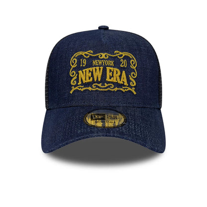 Pictured is this New Era Frame Logo 9FORTY A-Frame Trucker cap in navy. 2