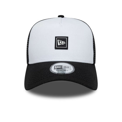 Pictured is this New Era Flag Patch 9FORTY A-Frame Trucker cap in white. 2