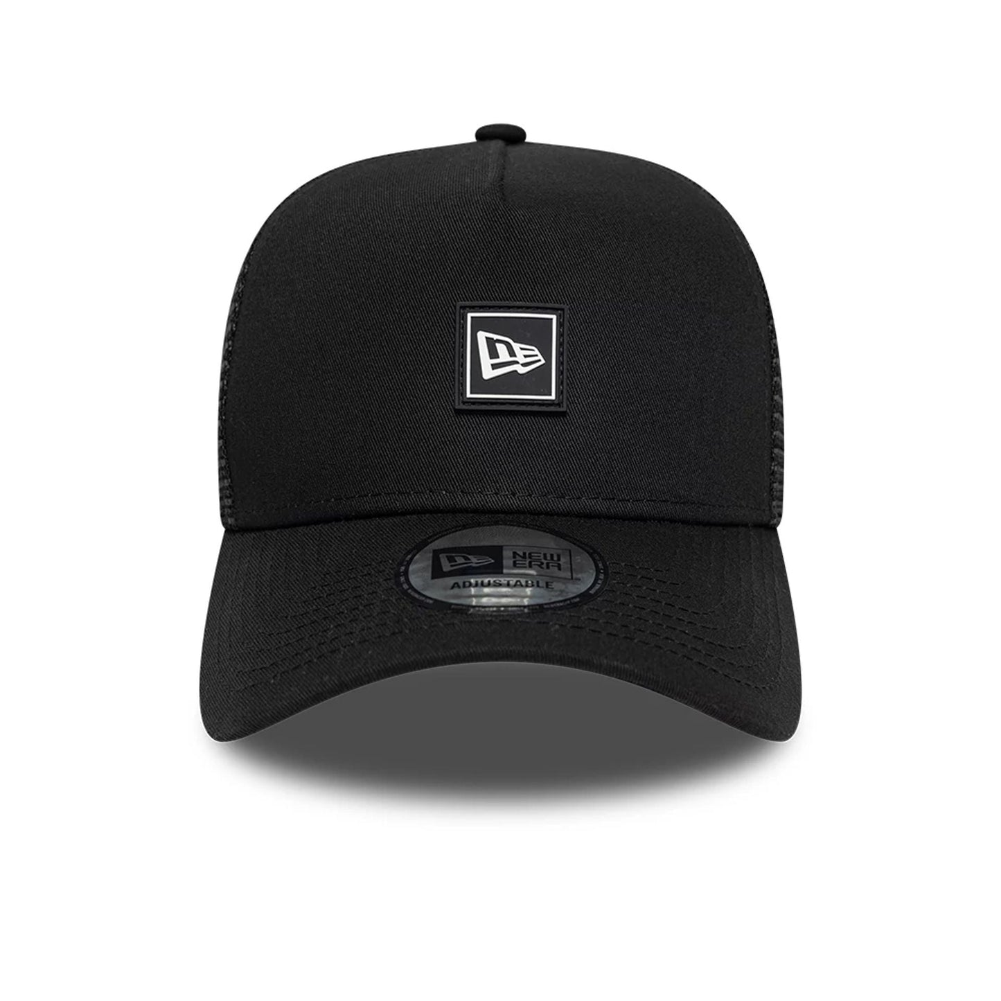 Pictured is this New Era Flag Patch 9FORTY A-Frame Trucker cap in black. 2