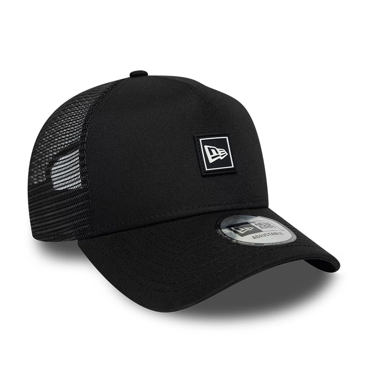 Pictured is this New Era Flag Patch 9FORTY A-Frame Trucker cap in black. 3