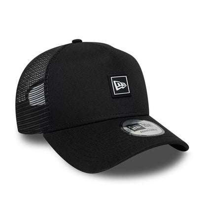 Pictured is this New Era Flag Patch 9FORTY A-Frame Trucker cap in black. 3