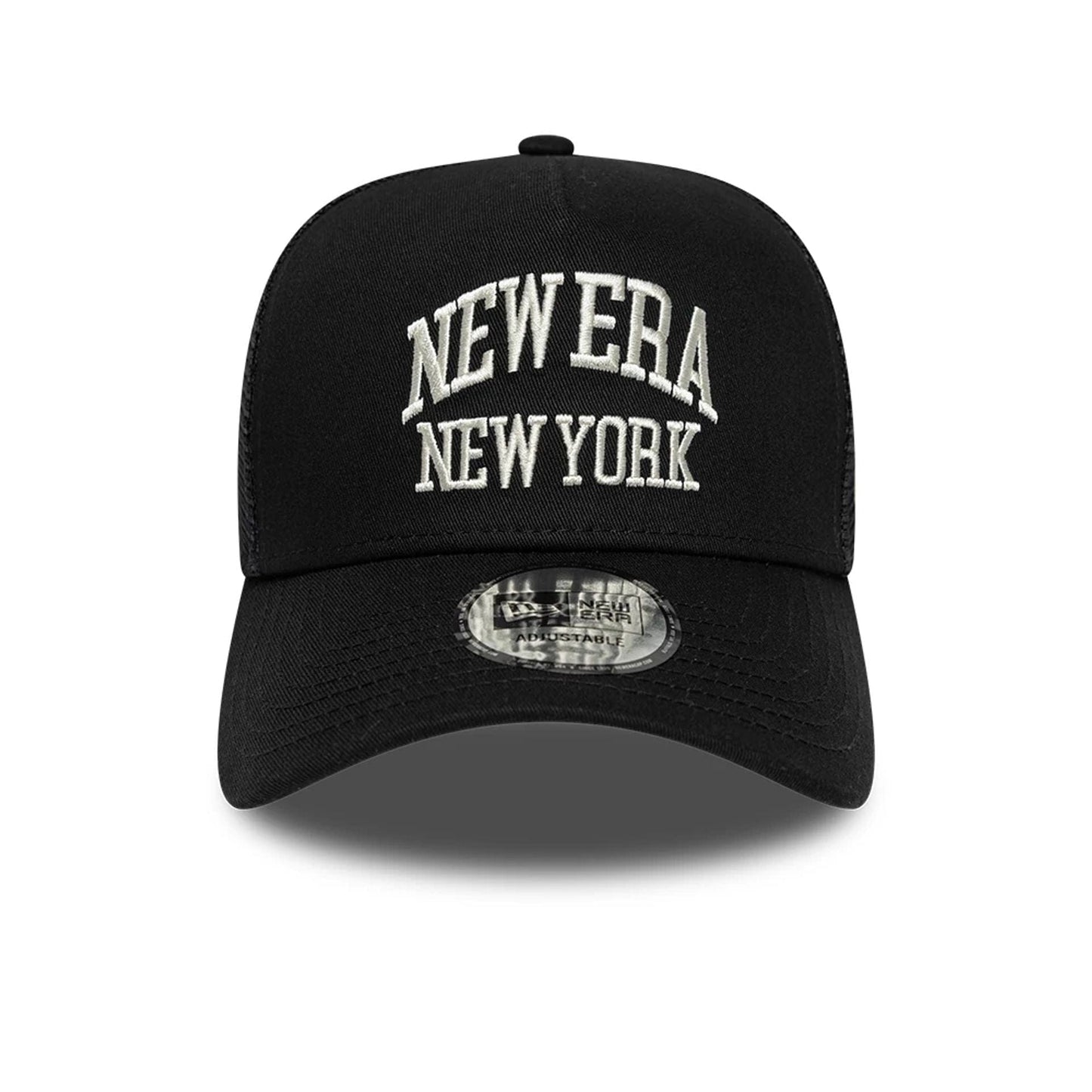 Pictured is this New Era Collegiate 9FORTY A-Frame Trucker cap in black. 2