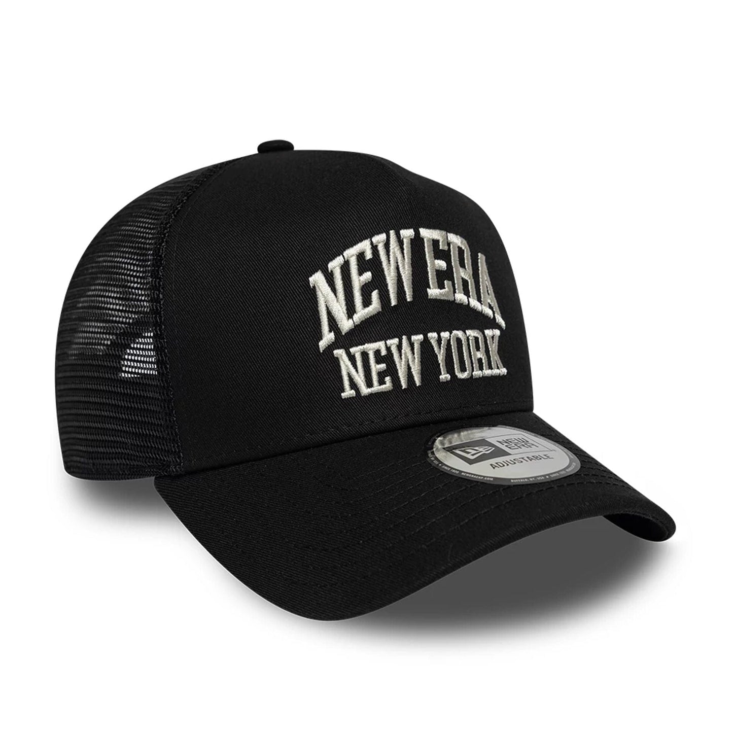 Pictured is this New Era Collegiate 9FORTY A-Frame Trucker cap in black. 3