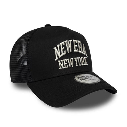 Pictured is this New Era Collegiate 9FORTY A-Frame Trucker cap in black. 3