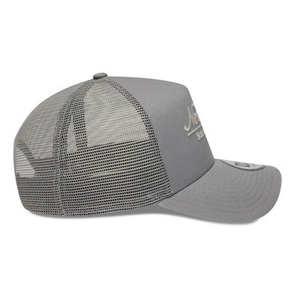 Pictured is this New Era Script 9FORTY A-Frame Trucker cap in grey. 5