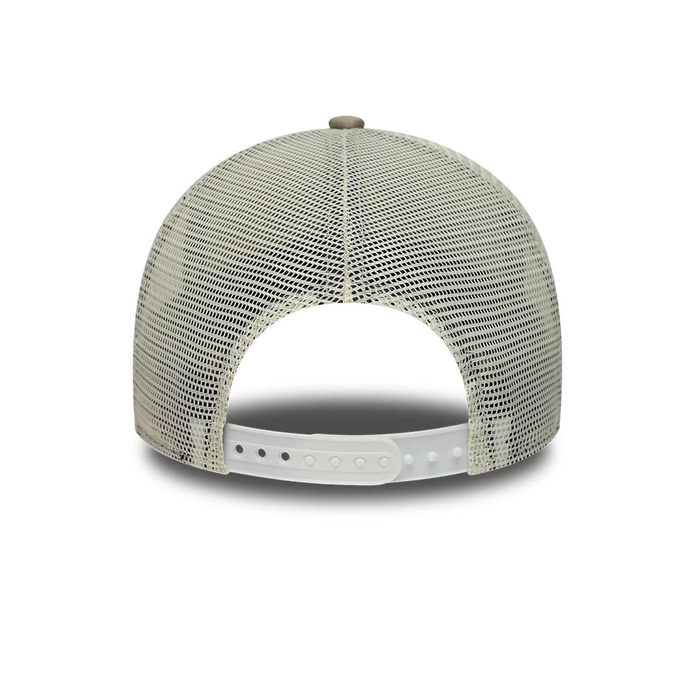 Pictured is this New Era Script 9FORTY A-Frame Trucker cap in cream. 6