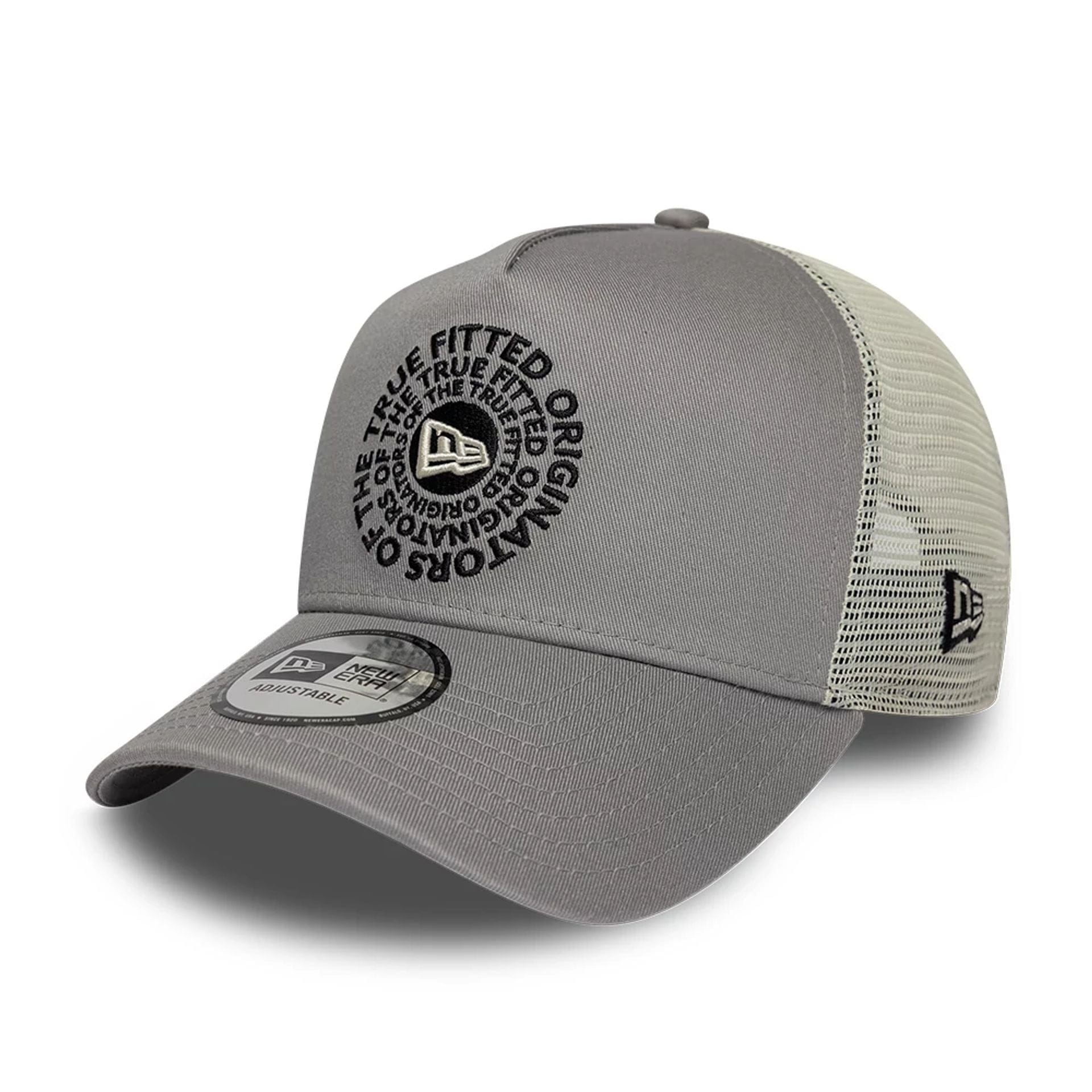 Pictured is this New Era Circle 9FORTY A-Frame Trucker cap in grey. 1