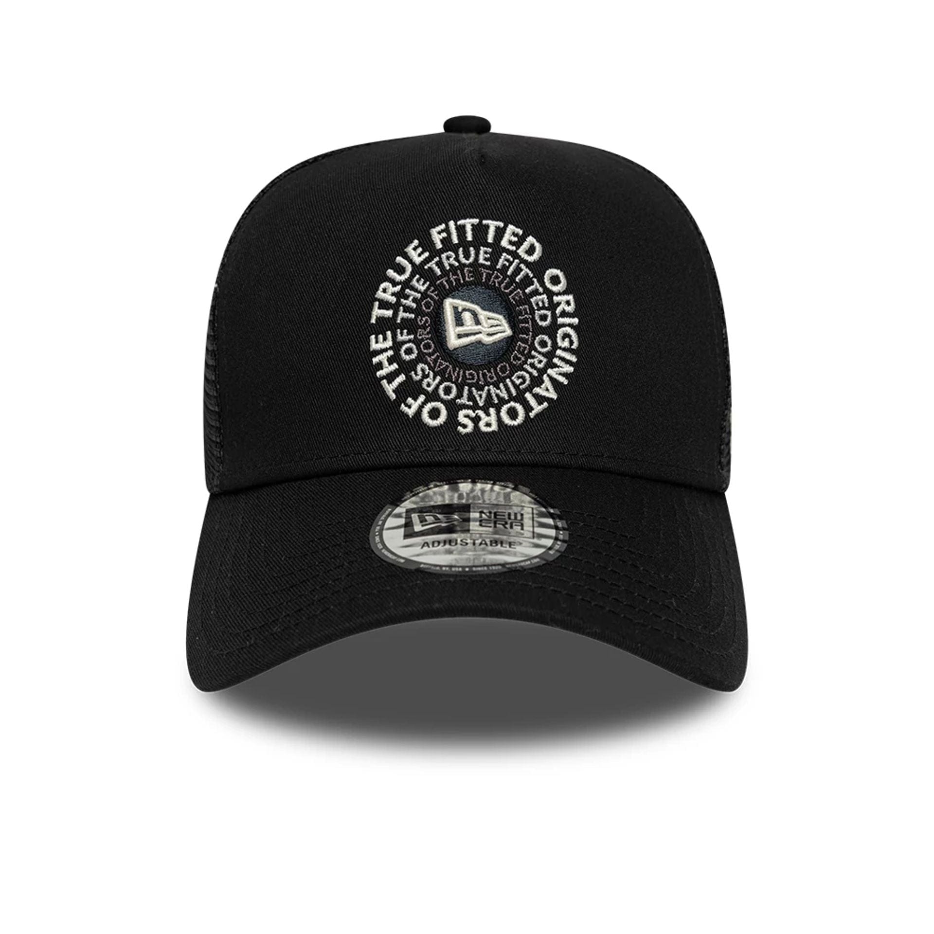 Pictured is this New Era Circle 9FORTY A-Frame Trucker cap in black. 2