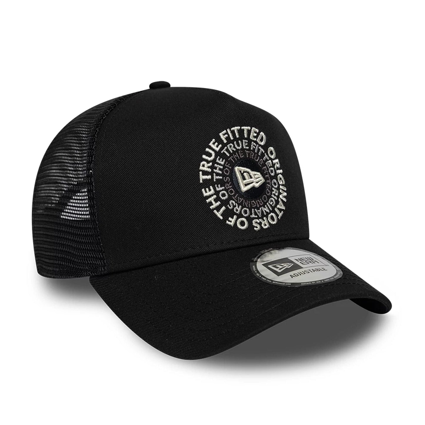 Pictured is this New Era Circle 9FORTY A-Frame Trucker cap in black. 3