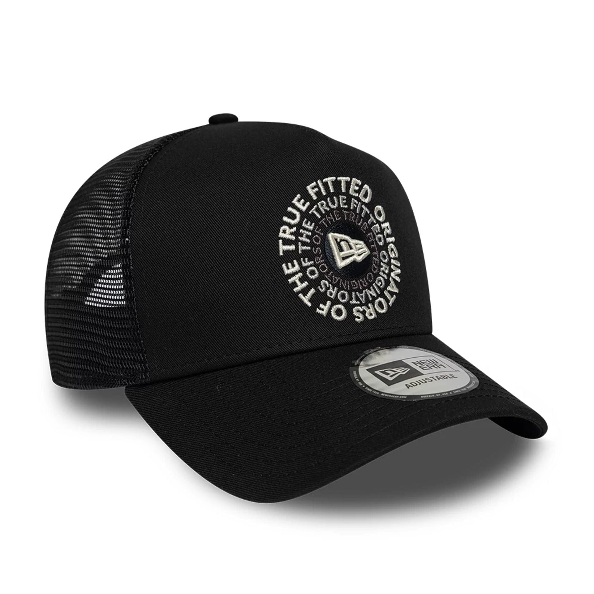 Pictured is this New Era Circle 9FORTY A-Frame Trucker cap in black. 3