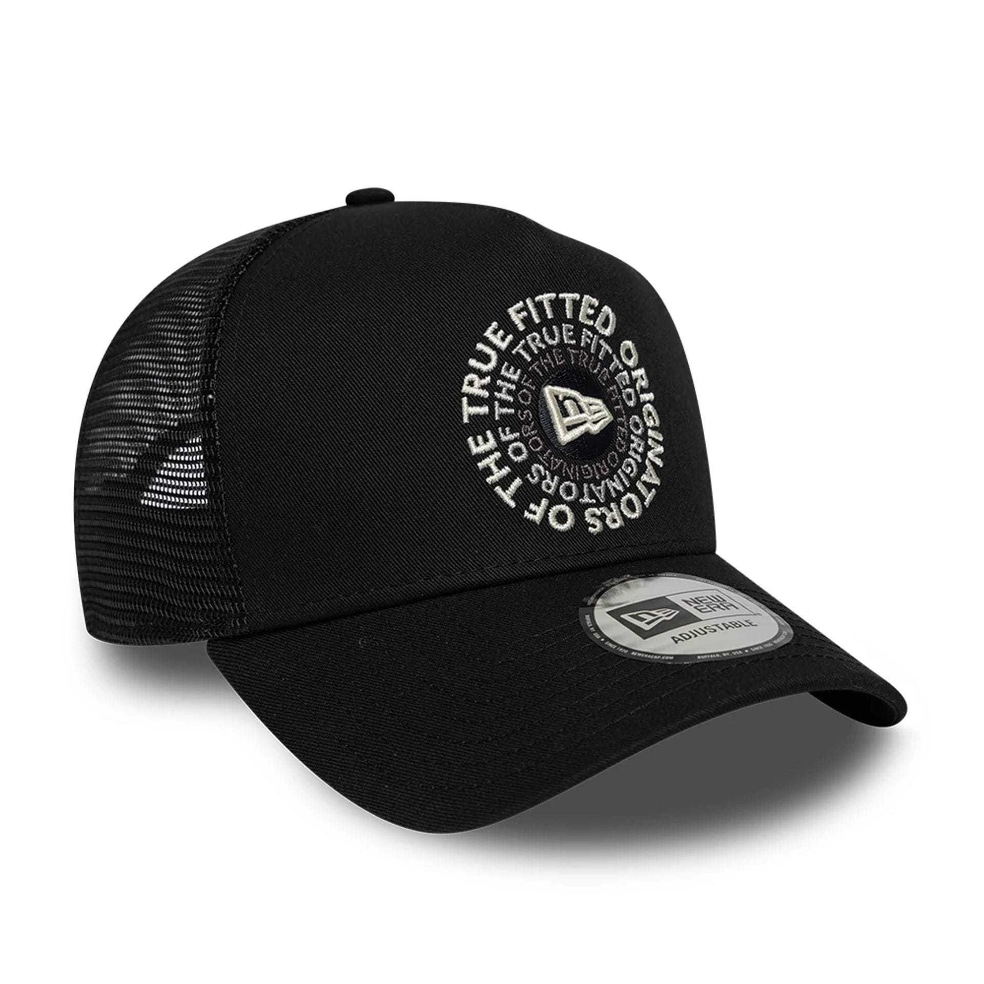 Pictured is this New Era Circle 9FORTY A-Frame Trucker cap in black. 3