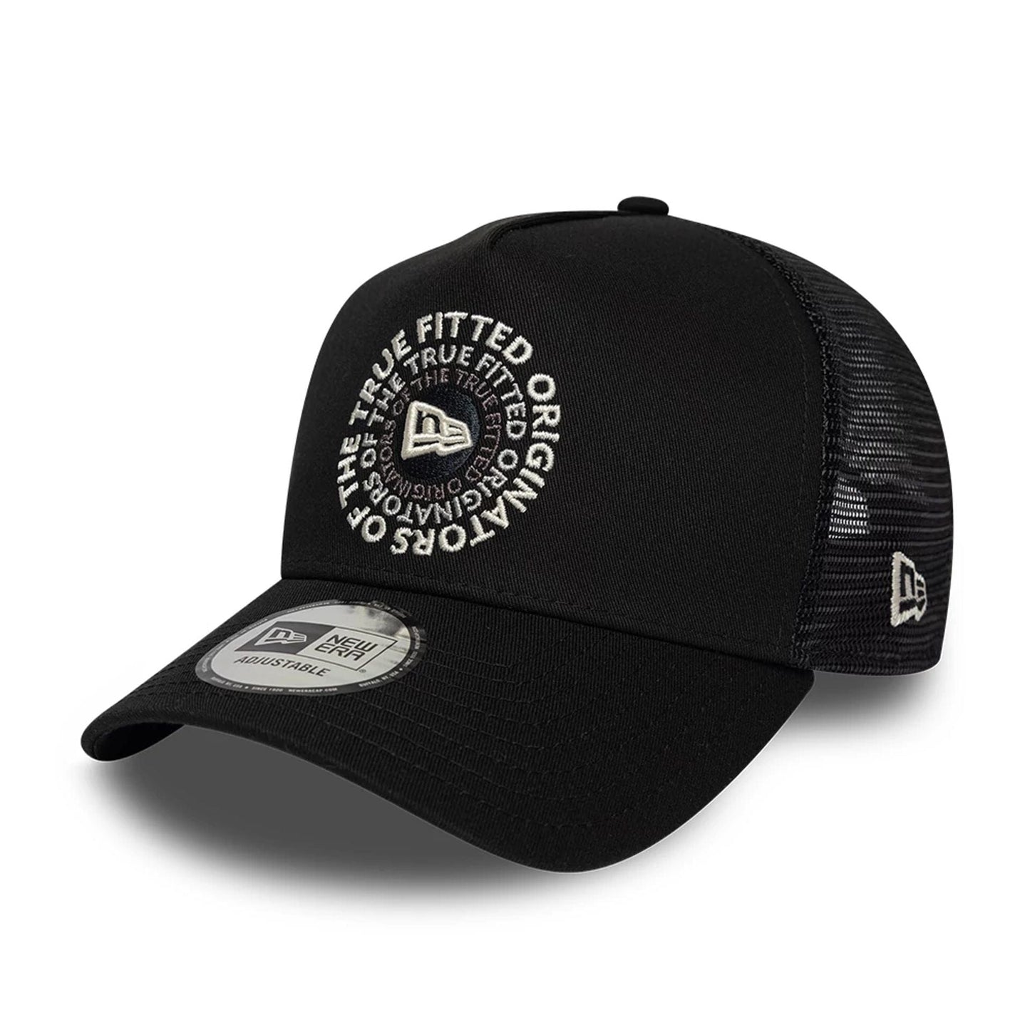 Pictured is this New Era Circle 9FORTY A-Frame Trucker cap in black. 1
