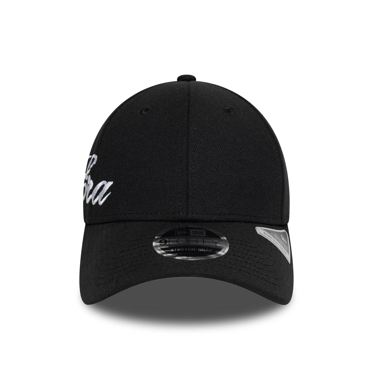 Pictured is this New Era Big Script 9FORTY Stretch Snap cap in black. 2