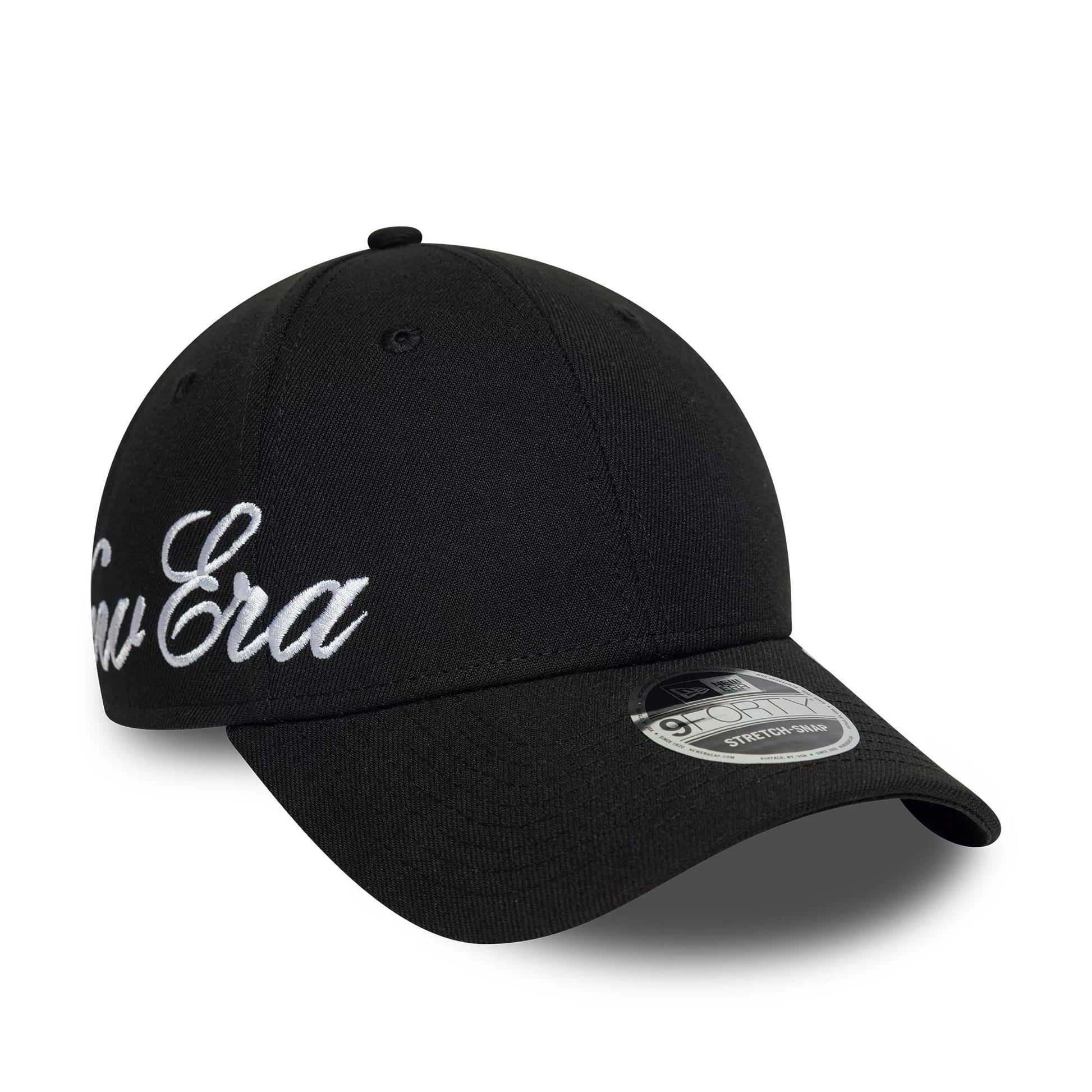 Pictured is this New Era Big Script 9FORTY Stretch Snap cap in black. 3