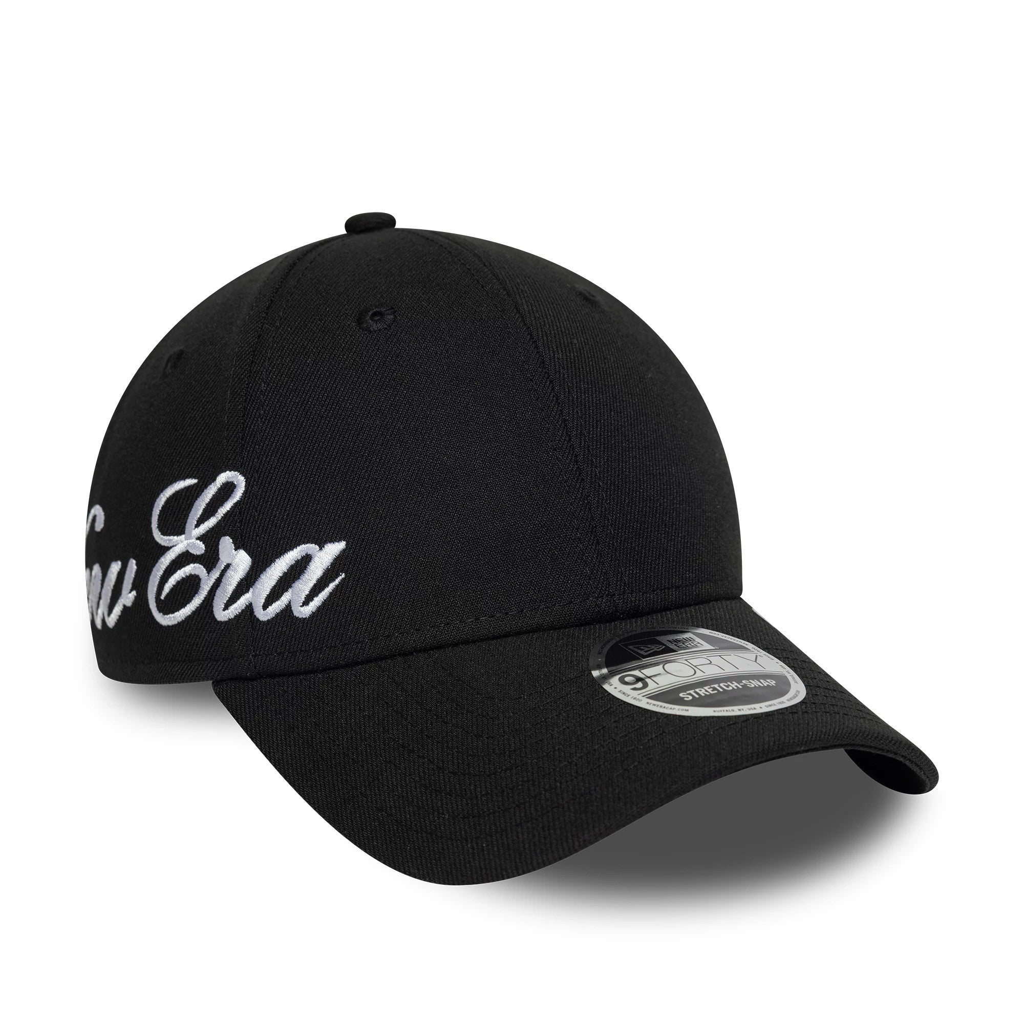 Pictured is this New Era Big Script 9FORTY Stretch Snap cap in black. 3