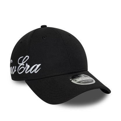 Pictured is this New Era Big Script 9FORTY Stretch Snap cap in black. 1