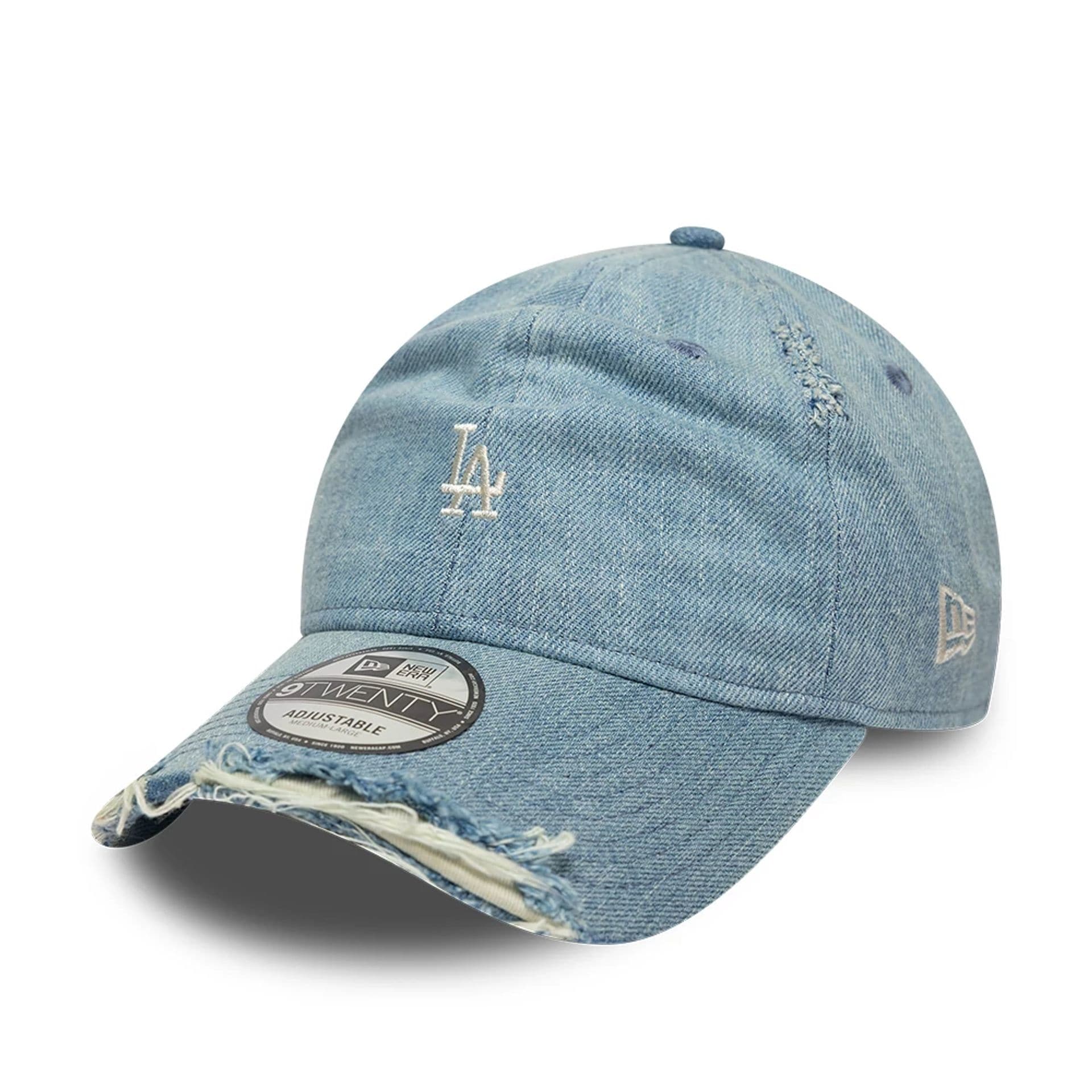 Pictured is this MLB Distressed Washed Denim LA Dodgers 9TWENTY cap in blue. 1