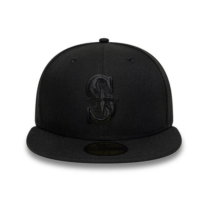 Pictured is this MLB Black On Black Seattle Mariners 59FIFTY Fitted cap in black. 2