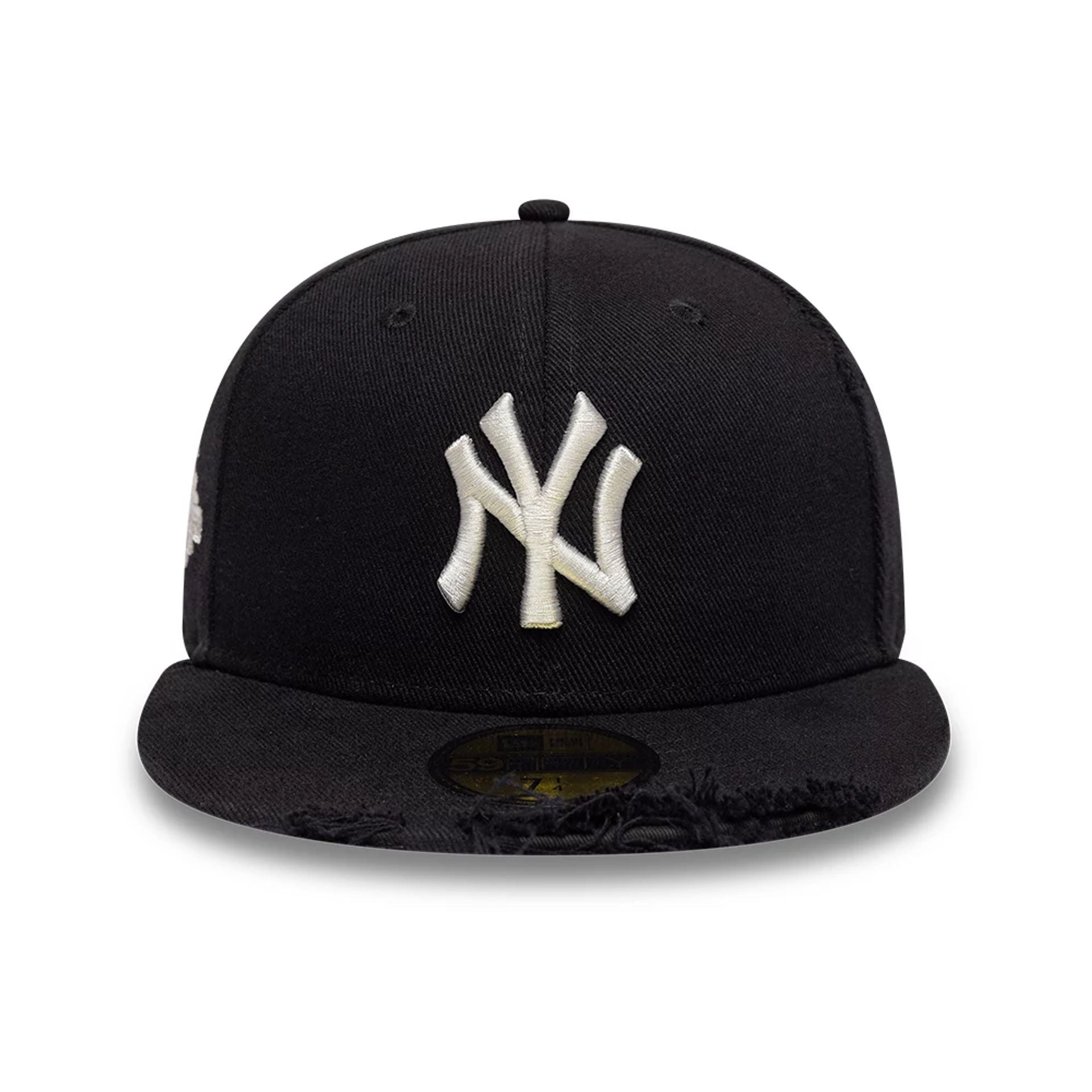 Pictured is this MLB Distressed New York Yankees 59FIFTY Fitted cap in black. 2