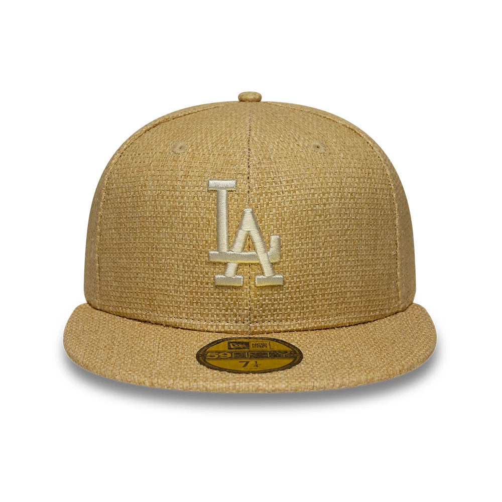 LA Dodgers MLB Straw Beige New Era 59FIFTY Fitted Cap, front view with a white embroidered LA logo on the front panel, featuring a matching straw beige visor and a gold 59FIFTY size sticker on top.