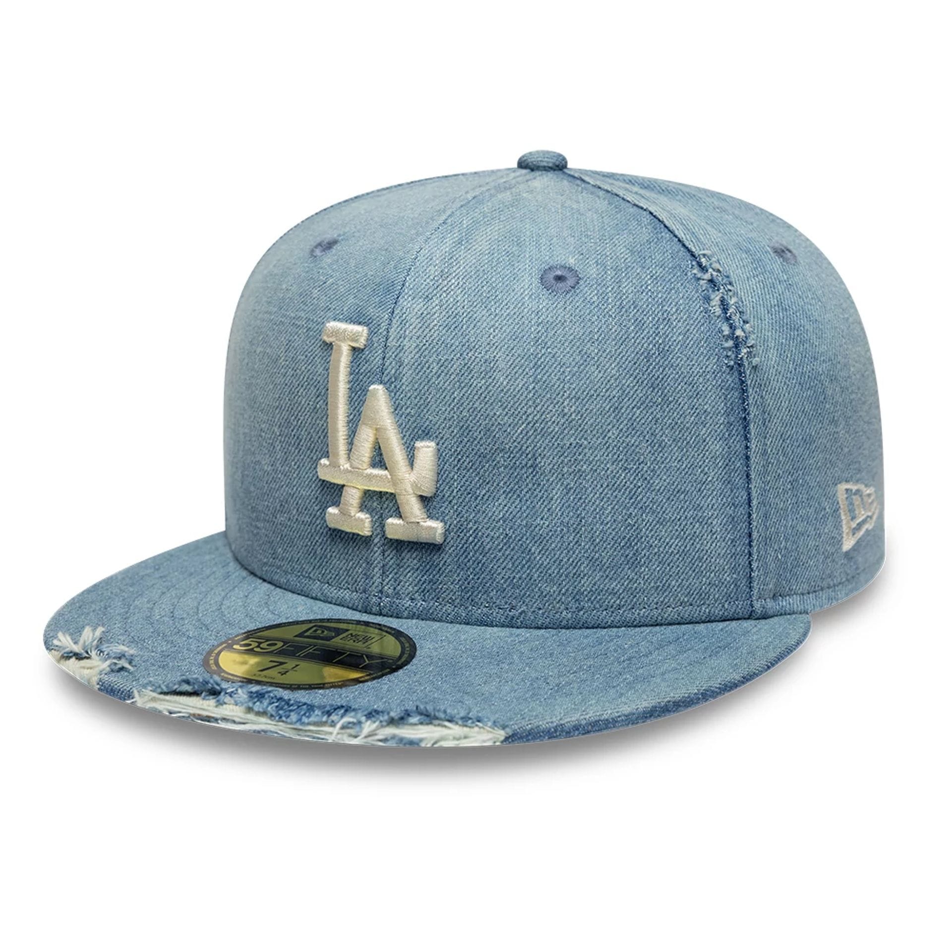 Pictured is this MLB Distressed LA Dodgers 59FIFTY Fitted cap in navy. 3