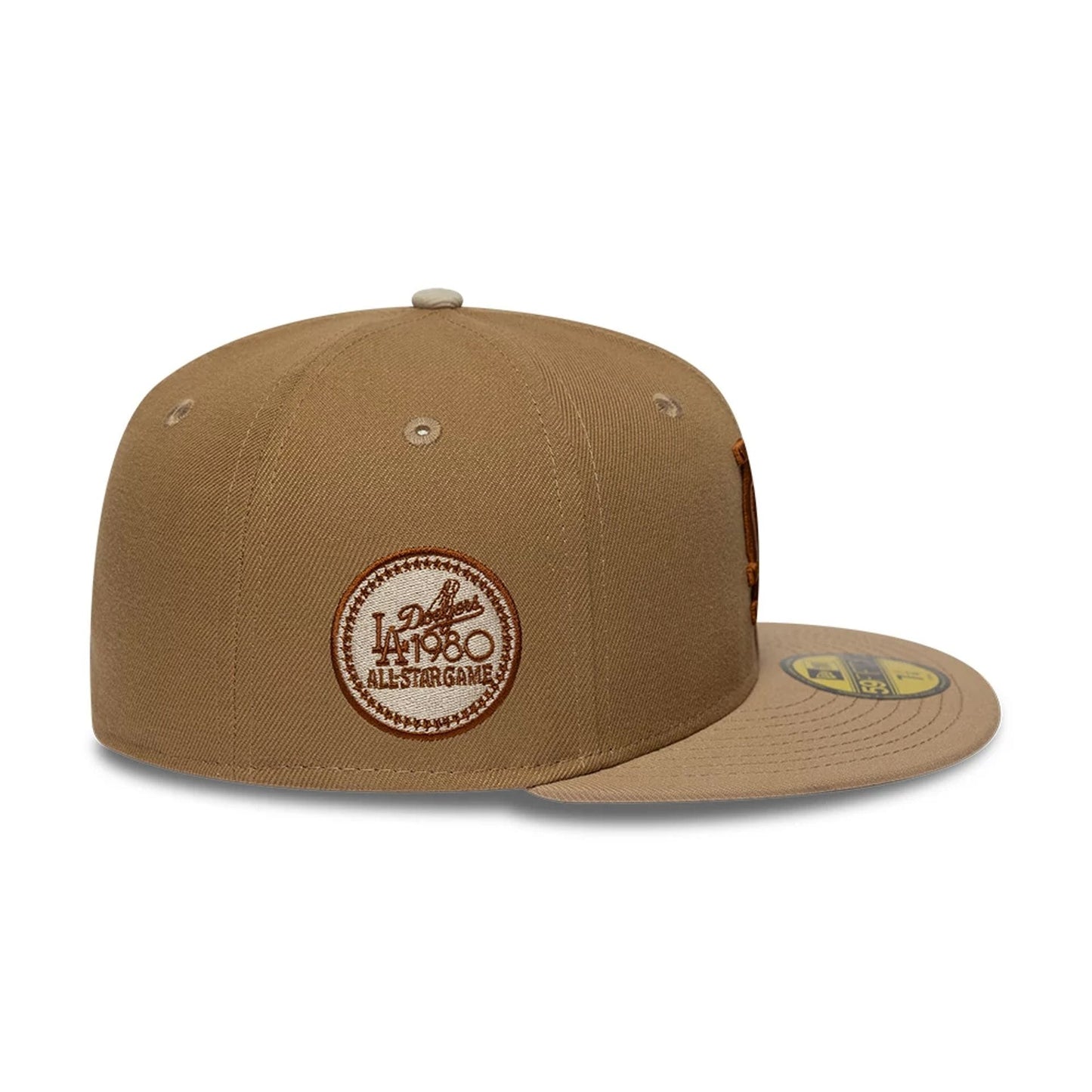 Pictured is this MLB Camo LA Dodgers 59FIFTY Fitted cap in beige. 5