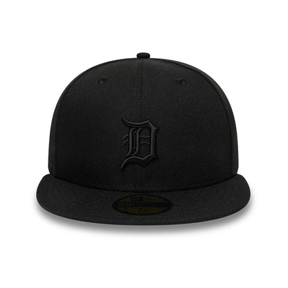 Detroit Tigers MLB Black On Black New Era 59FIFTY Fitted Cap, front view showing a black embroidered D logo on the front panel, with a flat black visor and gold 59FIFTY size sticker on the top of the visor.