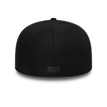 Detroit Tigers MLB Black On Black New Era 59FIFTY Fitted Cap, rear view showing the black embroidered MLB Batterman logo at the centre of the back panels, set low on the structured black crown.