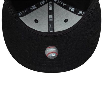 Detroit Tigers MLB Black On Black New Era 59FIFTY Fitted Cap, inside view showing the black sweatband with 59FIFTY branding, grey undervisor, and round holographic sticker centred on the underside of the visor.