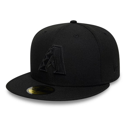 Arizona Diamondbacks MLB Black On Black New Era 59FIFTY Fitted Cap, front view showing the raised black embroidered A logo on the front panel, flat visor with gold 59FIFTY size sticker, and New Era flag logo on the left side.