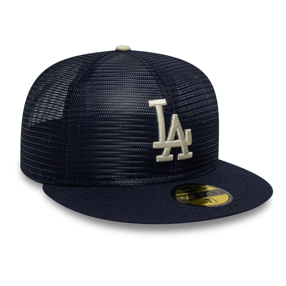 LA Dodgers MLB All Mesh Navy New Era 59FIFTY Fitted Cap, front view showing raised white LA logo embroidery on the navy mesh crown, with a flat visor and gold 59FIFTY size sticker.
