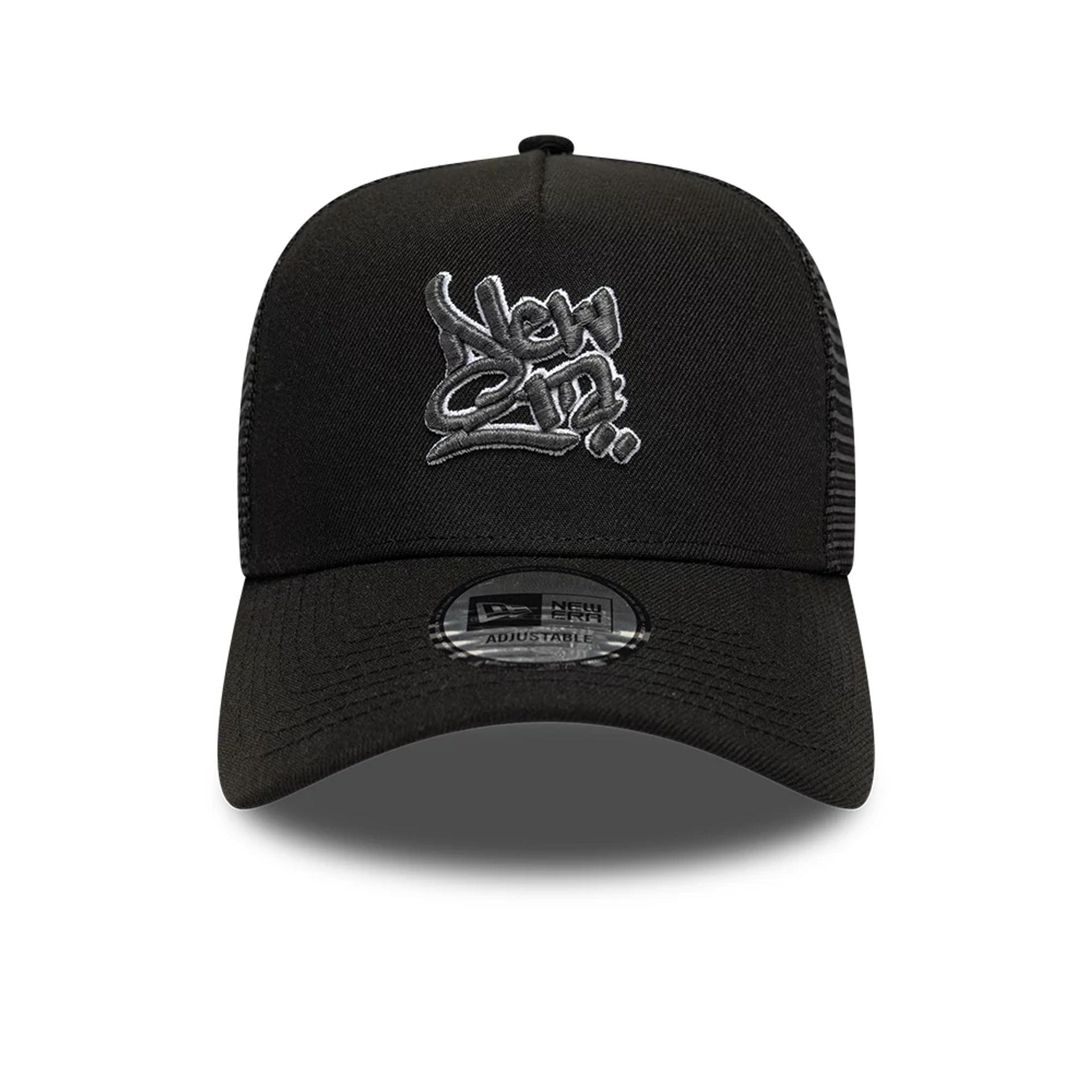 Pictured is this New Era Wall Art Grafitti 9FORTY A-Frame Trucker cap in black. 2