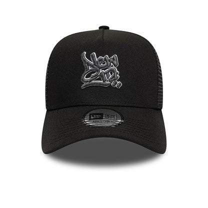 Pictured is this New Era Wall Art Grafitti 9FORTY A-Frame Trucker cap in black. 2